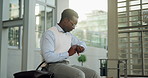 Commute, waiting or businessman in city with watch, transport delay or time management in morning travel. Schedule, check or employee with wristwatch, metro journey or running late at start of day.