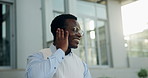 Waiting, earphones and business man in city for streaming, radio and music on commute. Corporate, dance and African person on phone with audio for travel, public transport and lift service in town