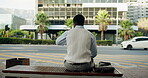 Commute, waiting or businessman in town with watch, transport delay or time management in morning travel. Back, schedule check or employee with clock, metro journey or running late at start of day.