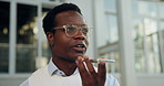Phone, bus stop and record with business black man in city for travel schedule, communication and chat. Location update, appointment and connection with person and mobile outdoor for speaker