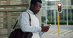 Commute, texting and businessman in city with phone, online communication or travel in morning routine. Digital, typing or employee in town with tech, email response or message update at start of day