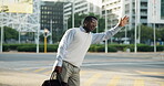 Travel, businessman and wave for taxi in street for cab stop, morning commute and work trip. Bag, happy black person and hands raised in city for hailing service, ride request and call for attention