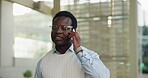 Phone call, travel and walking with business black man in city for bus schedule, communication and chat. Location update, appointment and connection with person and mobile outdoor for contact