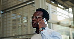 Phone call, talking and morning with business black man in city for bus schedule, communication and chat. Location update, appointment and connection with person and mobile outdoor for contact
