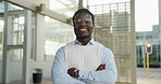 Happy, crossed arms and face of black man in city with confidence for finance career growth. Professional, about us and portrait of African financial manager with pride for job opportunity in town,