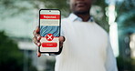 Hands, person or phone screen with reject message in city, online banking or loan application decline. Denied alert, credit request or man with digital financial services, try again option or mobile