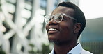 Business, glasses or black man in city with thinking, inspiration or mindfulness in commute. Breathing, happy or person with eyewear, employee journey or positive mindset on professional goals.