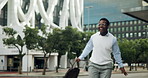 Dance, excited and black man in city on commute for promotion, job opportunity and success. Corporate, professional and happy person in urban town for celebration, business achievement and victory