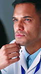 Scientist, man and thinking in lab with plan, medical insight and problem solving for vaccine trial. Person, reflection and science idea in clinic for healthcare study, cure development and decision.
