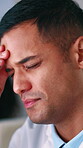 Science, frustration and man in lab with headache, discomfort or stress in medical research. Burnout, pain and scientist in clinic with migraine, inflammation or sore head in pharmaceutical study.