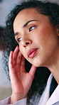 Science, pain and woman in lab with headache, discomfort or stress in medical research. Burnout, massage and scientist in clinic with migraine, inflammation or sore head in pharmaceutical study.