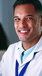 Man, scientist and face with smile at lab for medical research career, confident and pride at night. Person, happy and portrait with pharmaceutical study for healthcare with vaccine development