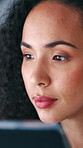 Woman, reading and research in office with tech, website or check post for digital marketing project. Creative, person and review campaign in business for social media advertising, insight or update.