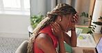Black woman, headache and laptop with neck pain in home from poor posture, muscle strain and burnout. Tired, female person and pc for remote work, fibromyalgia and discomfort from joint inflammation
