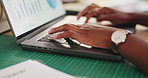 Laptop, typing and hands of businesswoman with statistics in office for finance project with data. Technology, keyboard and female financial manager with graphs or charts for investment proposal.