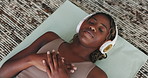 Above, breathe and black woman with headphones on floor for calm, peace and mindset in home. Podcast, wellness and person with breathing exercise for healing, mindfulness and guided meditation