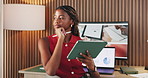 Tablet, thinking and stylus with business black woman in office for branding report, vision and app. Campaign data, target audience chart and seo planning with person in media agency for reflection