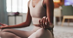 Yoga, home and black woman with lotus pose for meditation, mindfulness and balance. Apartment, morning and person on floor for holistic healing, wellness and breathing exercise in living room