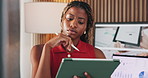 Black woman, remote work and thinking with tablet for contact, research and positive feedback. Freelancer, graphic designer and tech in home office for communication, design process or information