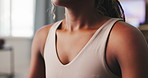 Chest, breathe and woman in home with calm, peace and meditation ritual for morning routine. Apartment, wellness and person with breathing exercise for healing, balance and mindfulness to start day