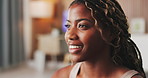 Happy, breathe and black woman in home with calm, peace and zen mindset for morning routine. Apartment, wellness and person with breathing exercise for healing, balance and mindfulness to start day
