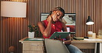 Stress, black woman and tablet with neck pain in home from poor posture, muscle strain and burnout. Tired, female person and digital for remote work, fibromyalgia and discomfort of joint inflammation