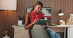 Tablet, research and black woman in office for creative project with communication for feedback. Thinking, digital technology and African designer with email for review on social media development.