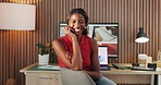 Black woman, remote work and portrait with smile for contact, research and positive feedback. Freelancer, graphic designer and tech in home office for communication, design process or information