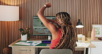 Black woman, remote work and dance with celebration for contact, bonus and positive feedback. Freelancer, graphic designer and tech in home office for communication, design process or project success