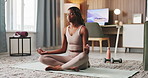Yoga, floor and black woman in lotus pose in home for meditation, mindfulness and balance. Apartment, morning and person on mat for holistic healing, wellness and breathing exercise in living room