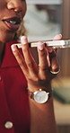 Woman, hand and speaker phone in house for online communication, mobile app and social media chat. Person, recording and voice note in home with tech, contact or connectivity for gossip conversation.