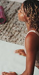 Fitness, stretching and black woman with yoga mat in house, holistic health and posture practice activity. Active, pilates routine and calm person with cobra pose for exercise, wellness and peace