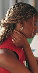 Black woman, remote work and neck pain with document for mistake, research and project feedback. Freelancer, graphic designer and paperwork in home office for burnout, design process and strain