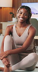 Happy, black woman and face with yoga mat for workout, exercise or indoor training in home. Active, portrait or female person with smile, fitness or break for mental health, wellness or routine