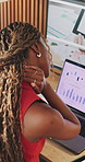 Black woman, remote work and neck pain with laptop for website, graphs and project feedback. Frustrated freelancer, graphic designer and tech in home office for burnout, design engagement and strain