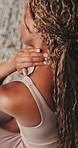 Woman, yoga and neck pain with massage for workout accident, mistake or muscle tension in home. Female person, yogi or stress with injury or ache for discomfort, fibromyalgia or strain in house