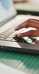 Person, hands and web designer typing with laptop for online website, planning or network in office. Closeup, creative or employee with computer or technology for user interaction or connectivity