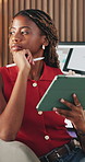Black woman, remote work and reflection with tablet for website, research and positive feedback. Freelancer, graphic designer and tech in home office with digital pen, design process for proposal
