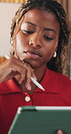 Black woman, remote work and thinking with tablet for website, research and positive feedback. Freelancer, graphic designer and tech in home office with digital pen, design process for proposal