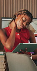 Black woman, remote work and neck pain with tablet for website, research and project feedback. Frustrated freelancer, graphic designer and tech in home office for burnout, design process and strain