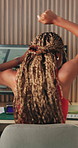 Back, cheering and black woman in office, computer for positive feedback and website design. Programmer, achievement or African person in workplace, celebration or pc for proposal approval or excited