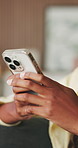 Hands, smartphone and woman in home, typing and digital app for communication. Apartment, mobile user and person in living room, cellphone for social media and message to contact, network or internet