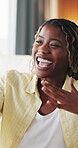 Talking, phone and black woman with video call in lounge, funny conversation and share gossip on weekend. Contact, speaking and happy person with mobile for virtual chat, connection and laugh in home
