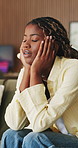 Tired, woman and headache in home with stress, deep breath and unemployment for financial crisis. Exhausted, black person and jobless in apartment with migraine, burnout and fatigue for debt risk.
