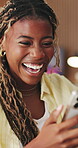 Win, shock or black woman in house with phone, online giveaway or award announcement on email. Celebrate, surprise or female person in home with tech, prize update or victory in digital lottery.
