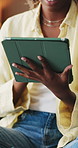 Hands, tablet and woman in home, typing and digital app for communication, texting and network. Apartment, website info and person in lounge, tech for social media and message to contact or internet