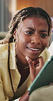 Relax, surprise and black woman in home, tablet and digital app for online announcement. Shocked, reaction and person in living room, tech for social media and message to contact, reading and email