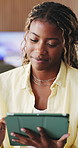 Happy, tablet and woman in home, typing and digital app for communication, internet and network. Apartment, online reading or person in lounge, tech for social media and message to contact or texting