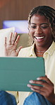 Tablet, wave and black woman with video call in lounge, online communication and share gossip on weekend. Contact, greeting and happy person with tech for virtual chat, connection and talking in home