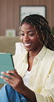 Tablet, speaking and black woman with video call in lounge, wave and online communication on weekend. Connection, greeting and happy person with tech for virtual chat, share gossip or talking in home